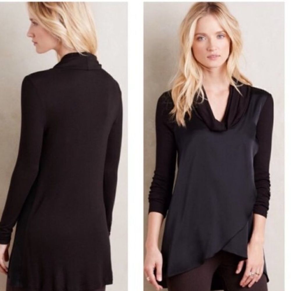 Anthropologie Deletta Cowl Neck Satin Front Long Sleeve Top